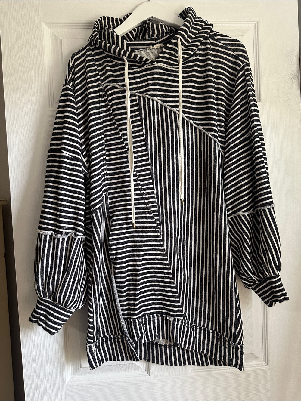 Pilcro for Anthropologie Black & White Striped Asymmetrical Hooded Pullover
